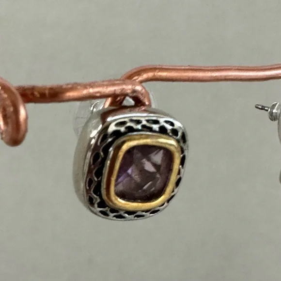 Two-toned Square Stud Premier Design Earrings with Purple Stone - Picture 8 of 11